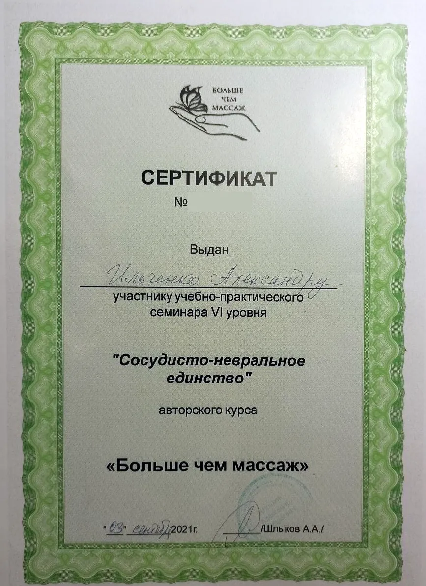 Сертификат семинара VI уровня "Сосудисто-невральное единство" авторского курса "Больше чем массаж", 2021, Александр Ильченко